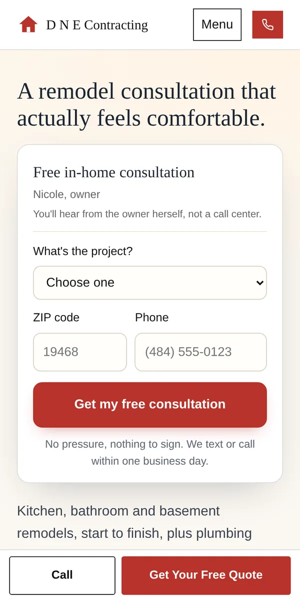 A website we built for D N E Contracting, shown on a phone, with a quote form and pinned call buttons.